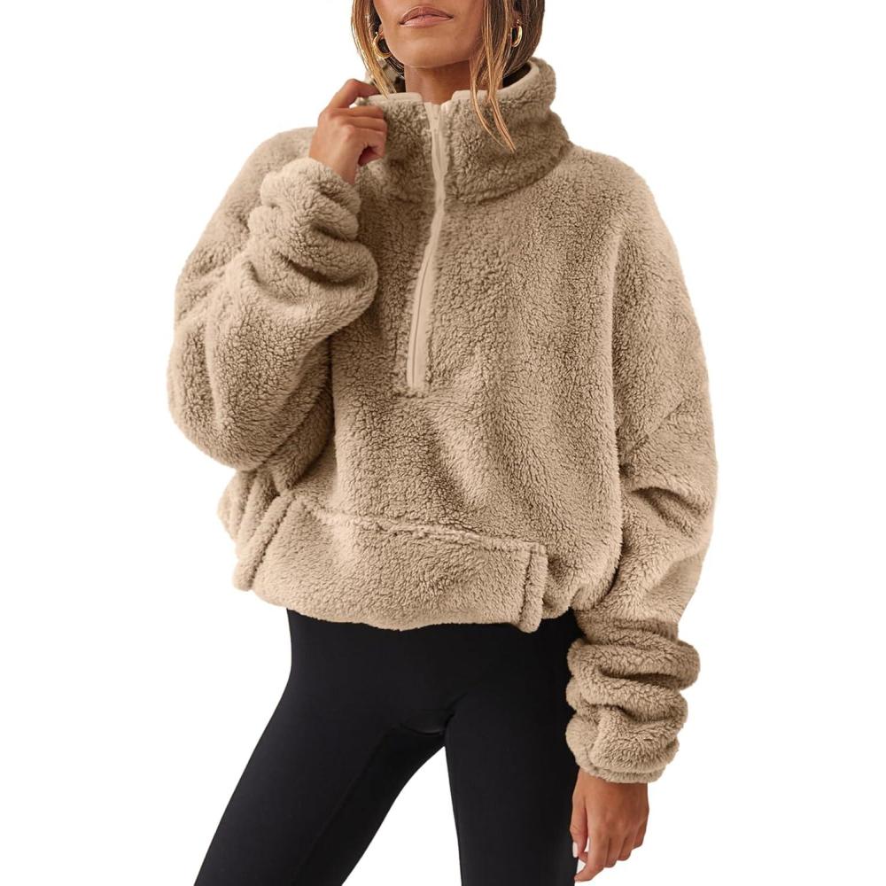 imageANRABESS Sweatshirt for Women Zip Up Hoodies Cropped Pullover Fleece Hooded Sherpa Sweaters Tops 2025 Fall Winter ClothesKhaki