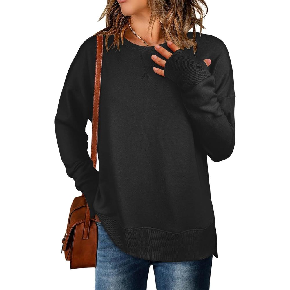 imageANRABESS Sweatshirts for Women 2025 Fall Long Sleeve Shirts Oversized Crewneck Lightweight Side Split Casual Pullover TopsBlack