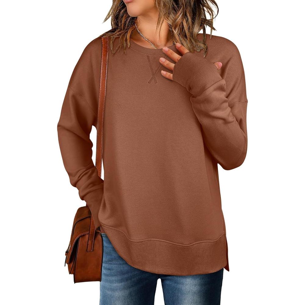 imageANRABESS Sweatshirts for Women 2025 Fall Long Sleeve Shirts Oversized Crewneck Lightweight Side Split Casual Pullover TopsBurnt Brown