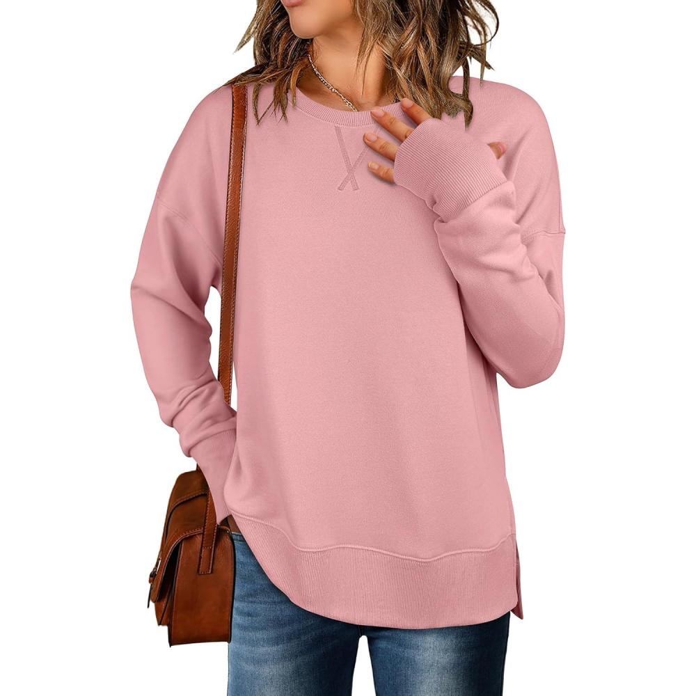 imageANRABESS Sweatshirts for Women 2025 Fall Long Sleeve Shirts Oversized Crewneck Lightweight Side Split Casual Pullover TopsCoral Pink
