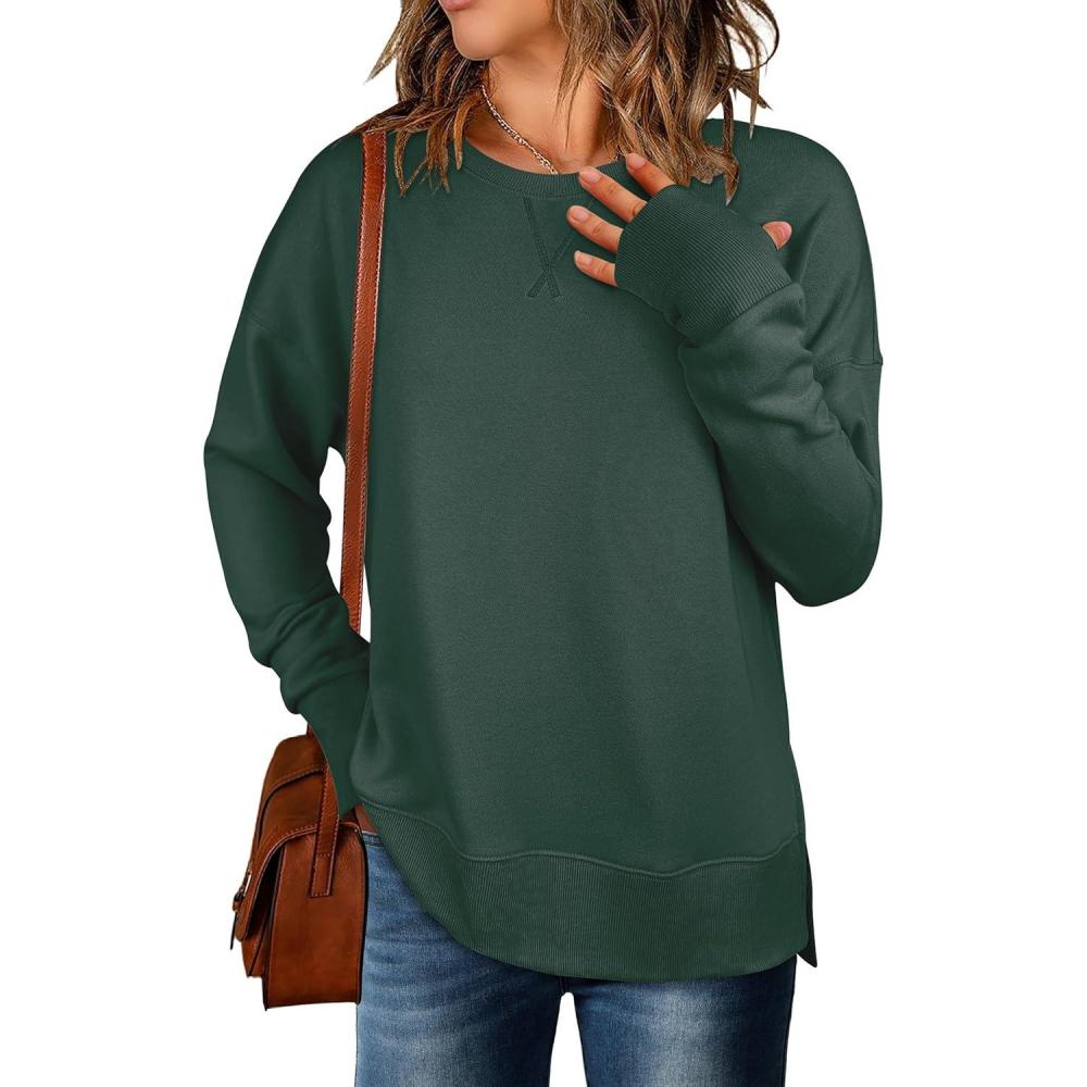 imageANRABESS Sweatshirts for Women 2025 Fall Long Sleeve Shirts Oversized Crewneck Lightweight Side Split Casual Pullover TopsForest Green
