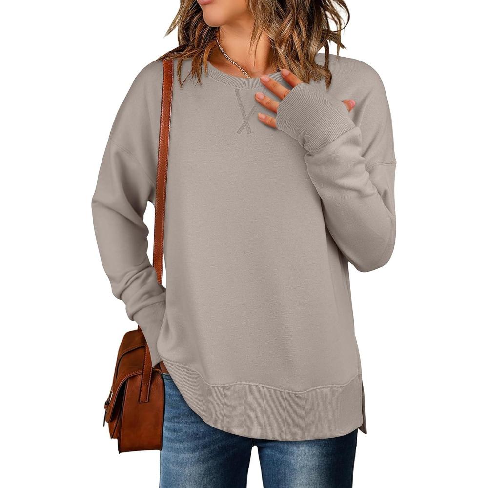 imageANRABESS Sweatshirts for Women 2025 Fall Long Sleeve Shirts Oversized Crewneck Lightweight Side Split Casual Pullover TopsKhaki