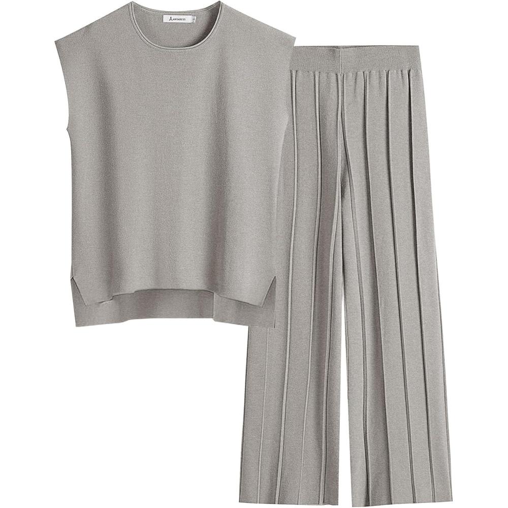 imageANRABESS Women 2 Piece Lounge Sets Summer Casual Knit Sweater Vest Pant Set Beach Vacation Airport Clothes 2025 Fall OutfitsGrey
