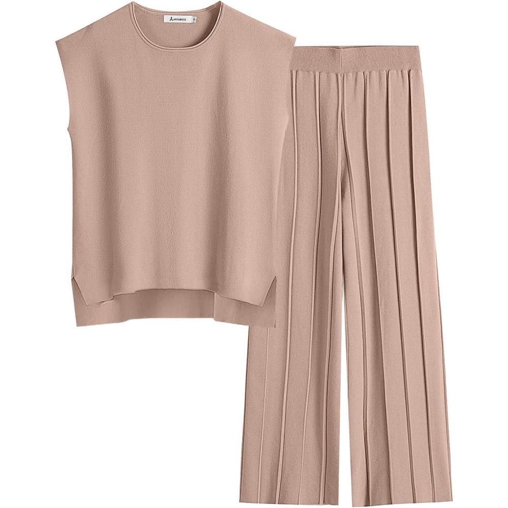 imageANRABESS Women 2 Piece Lounge Sets Summer Casual Knit Sweater Vest Pant Set Beach Vacation Airport Clothes 2025 Fall OutfitsKhaki