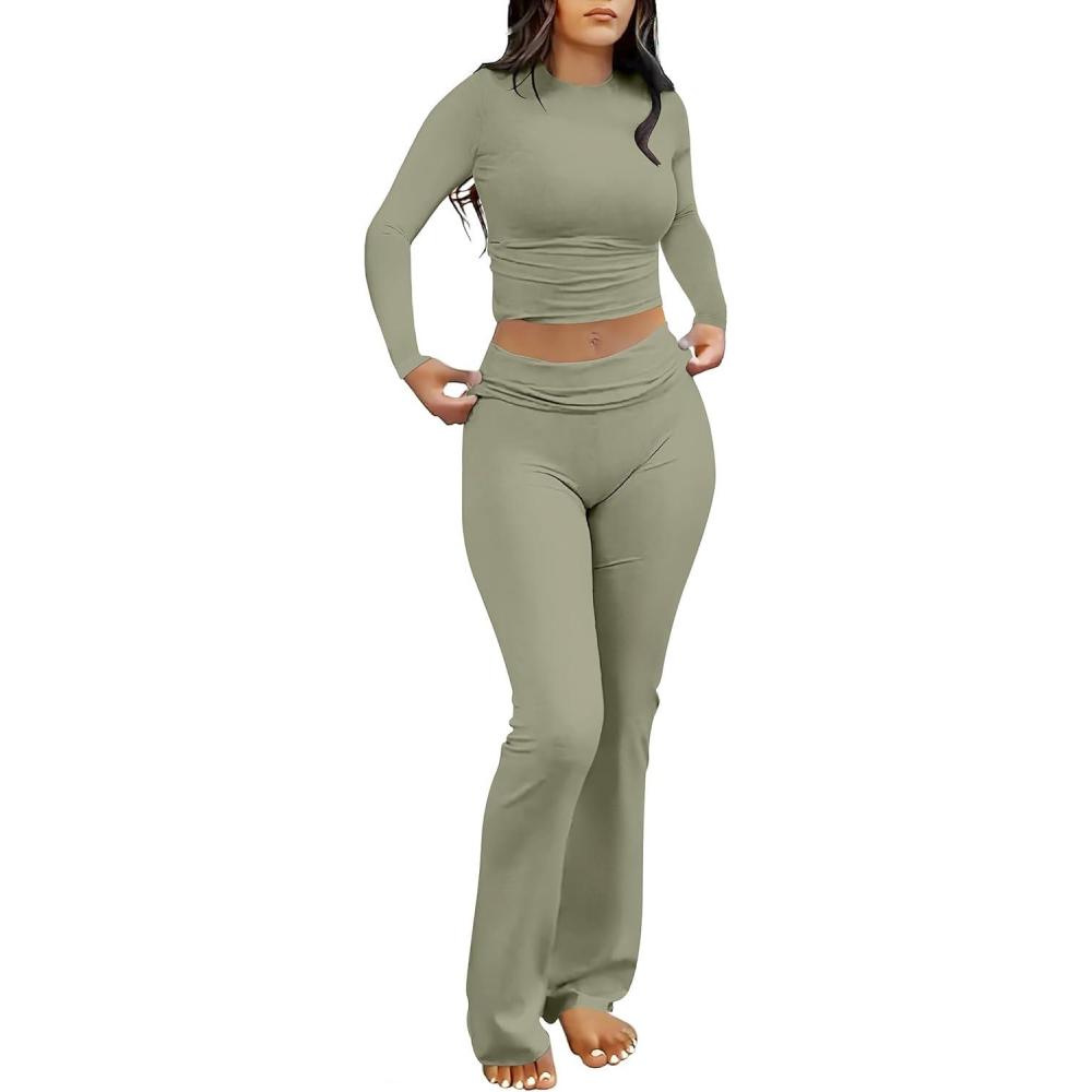 imageANRABESS Women 2 Piece Outfits Fall Lounge Sets Long Sleeve Cropped Top Fold Over Flare Pants Comfy Pajamas Set Y2K ClothesArmy Green