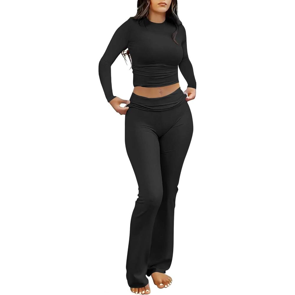 imageANRABESS Women 2 Piece Outfits Fall Lounge Sets Long Sleeve Cropped Top Fold Over Flare Pants Comfy Pajamas Set Y2K ClothesBlack