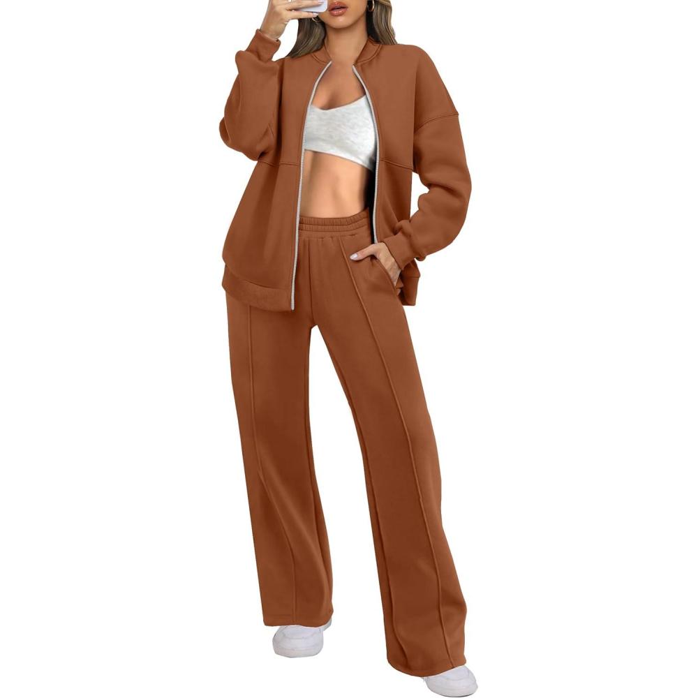 imageANRABESS Women 2 Piece Outfits Lounge Set Oversized Zip Up Sweatshirt Jacket Sweatpant Matching Sweat Sets Winter SweatsuitsCaramel