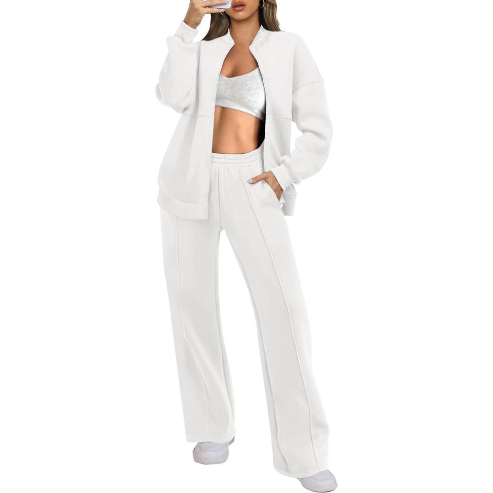 imageANRABESS Women 2 Piece Outfits Lounge Set Oversized Zip Up Sweatshirt Jacket Sweatpant Matching Sweat Sets Winter SweatsuitsWhite