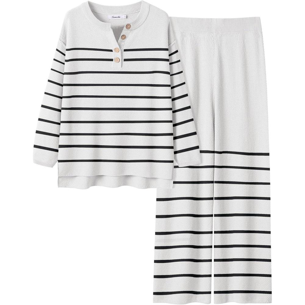 imageANRABESS Women 2 Piece Outfits Oversized Loose Waffle Knit Sweater Set 2025 Fall Trendy Matching Lounge Sets Cozy ClothesStripes White