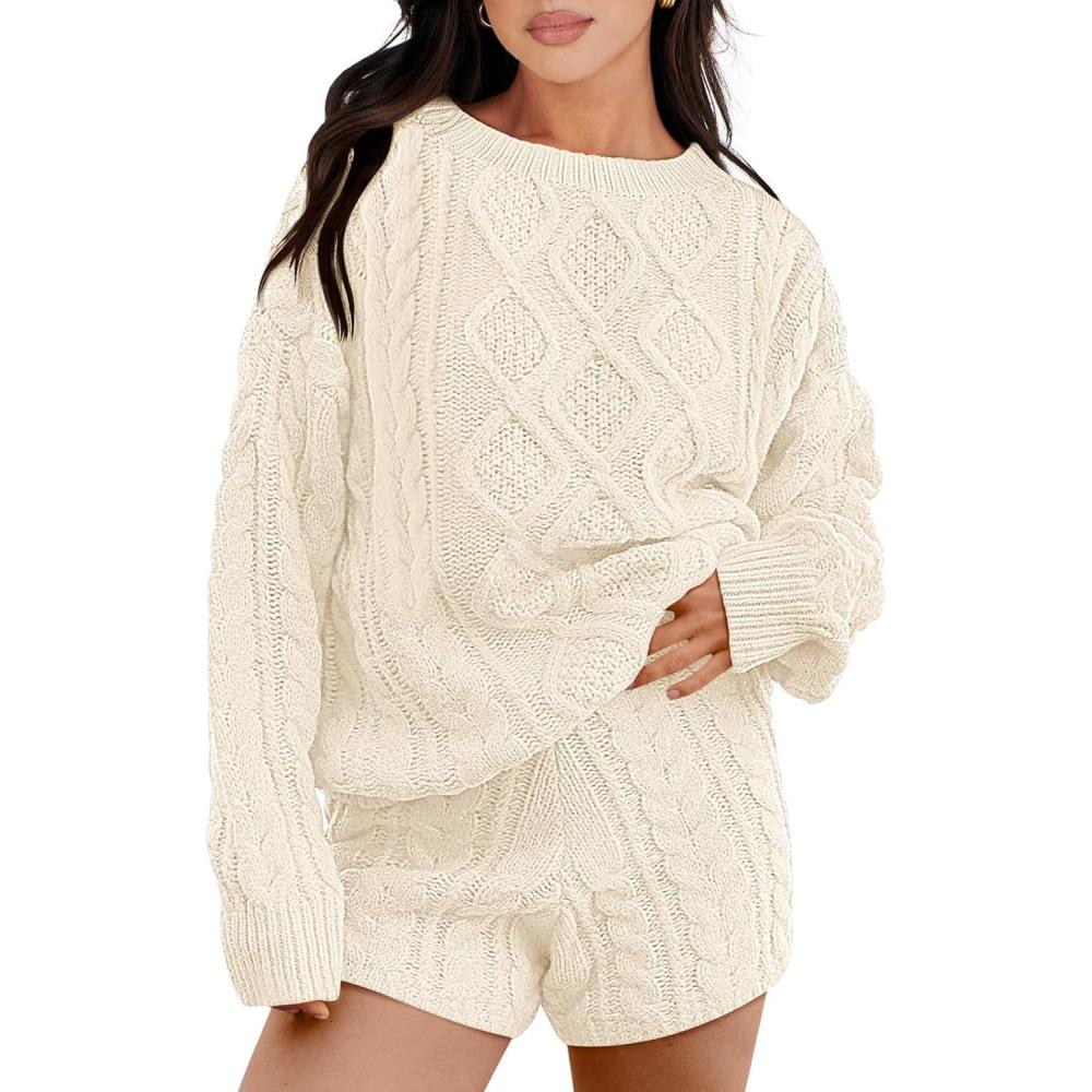imageANRABESS Women 2 Piece Outfits Sweater Lounge Loungewear Sets 2025 Winter Cable Knit Oversized Sweaters Shorts Matching SetsBeige