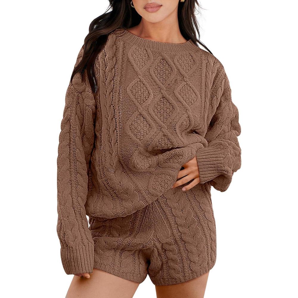 imageANRABESS Women 2 Piece Outfits Sweater Lounge Loungewear Sets 2025 Winter Cable Knit Oversized Sweaters Shorts Matching SetsCoffee