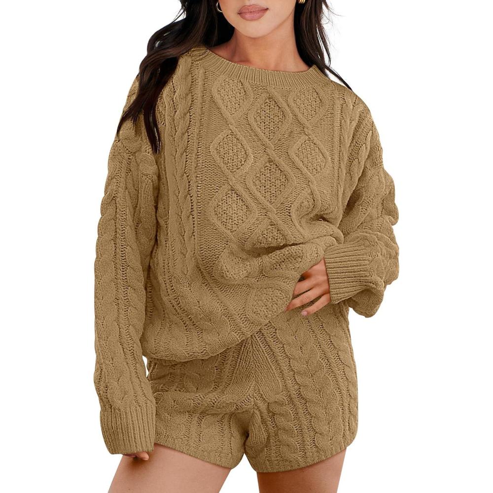imageANRABESS Women 2 Piece Outfits Sweater Lounge Loungewear Sets 2025 Winter Cable Knit Oversized Sweaters Shorts Matching SetsKhaki