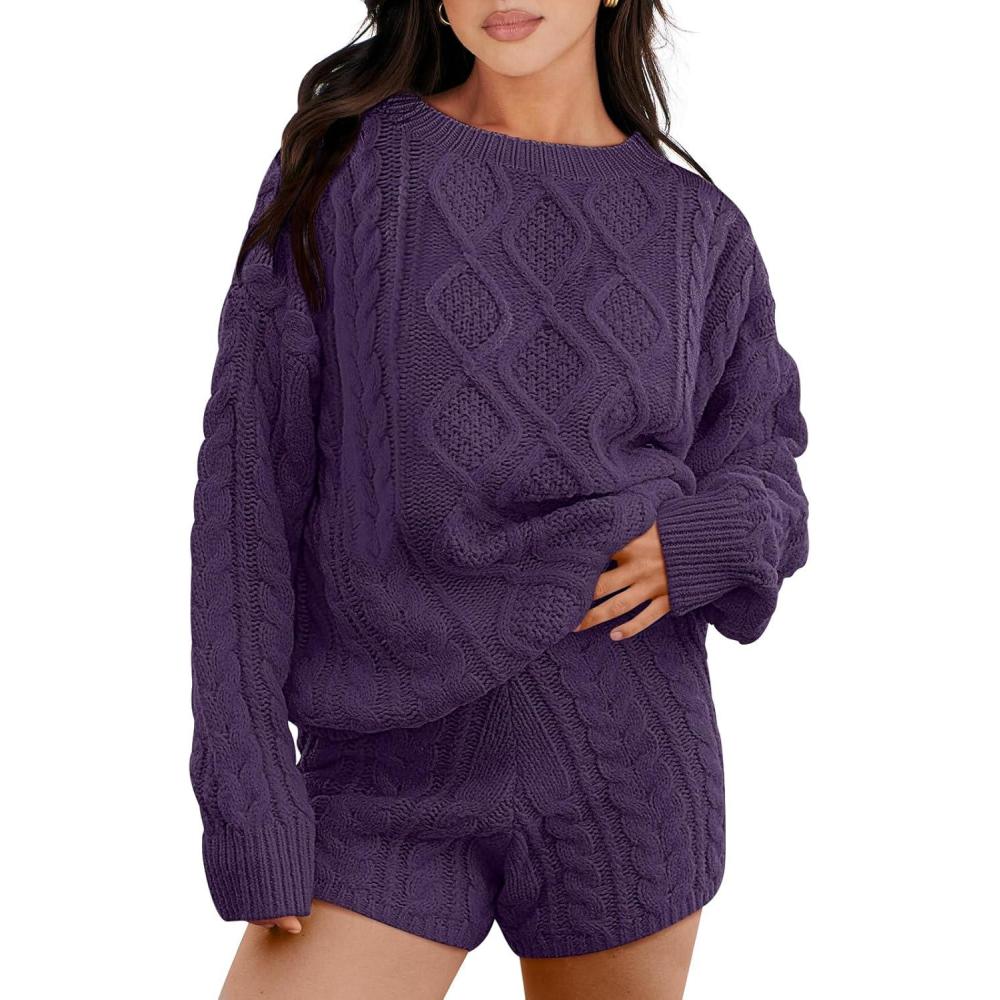 imageANRABESS Women 2 Piece Outfits Sweater Lounge Loungewear Sets 2025 Winter Cable Knit Oversized Sweaters Shorts Matching SetsPurple