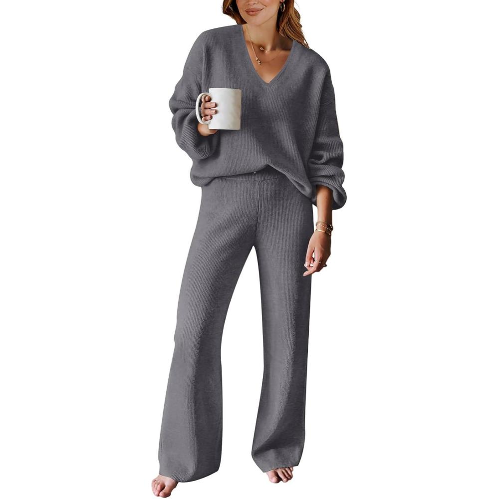 imageANRABESS Women 2 Piece Outfits Sweater Lounge Sets Long Sleeve Cable Knit Pullover and Wide Leg Pants Tracksuit Matching SetDeep Grey