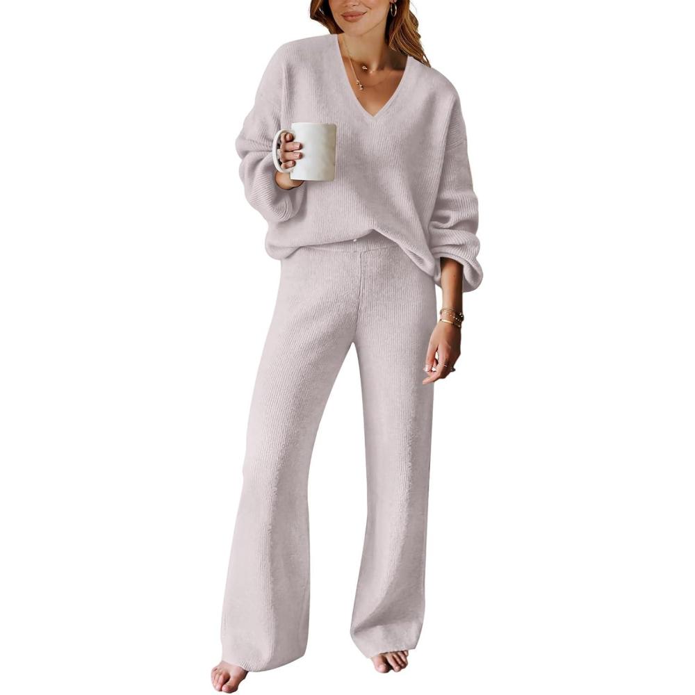 imageANRABESS Women 2 Piece Outfits Sweater Lounge Sets Long Sleeve Cable Knit Pullover and Wide Leg Pants Tracksuit Matching SetGrey