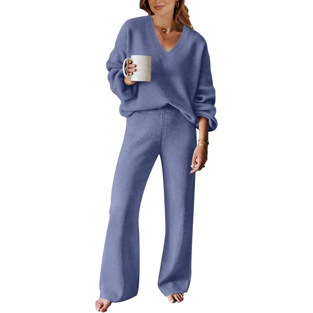 imageANRABESS Women 2 Piece Outfits Sweater Lounge Sets Long Sleeve Cable Knit Pullover and Wide Leg Pants Tracksuit Matching SetGrey Blue