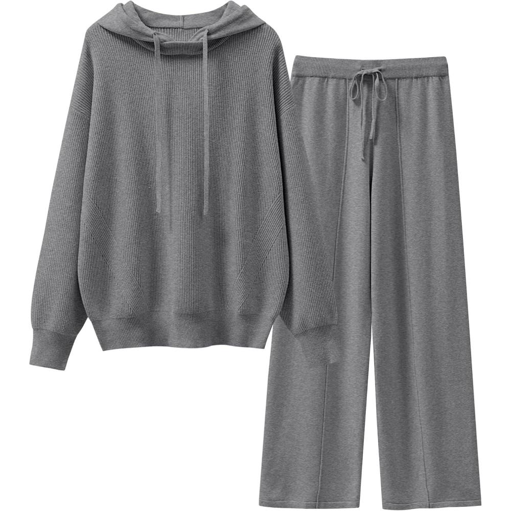 imageANRABESS Women 2 Piece Outfits Sweater Sets Loose Long Sleeve Hoodies Knit Pullover Wide Leg Pants 2025 Fall Lounge SweatsuitDark Gray