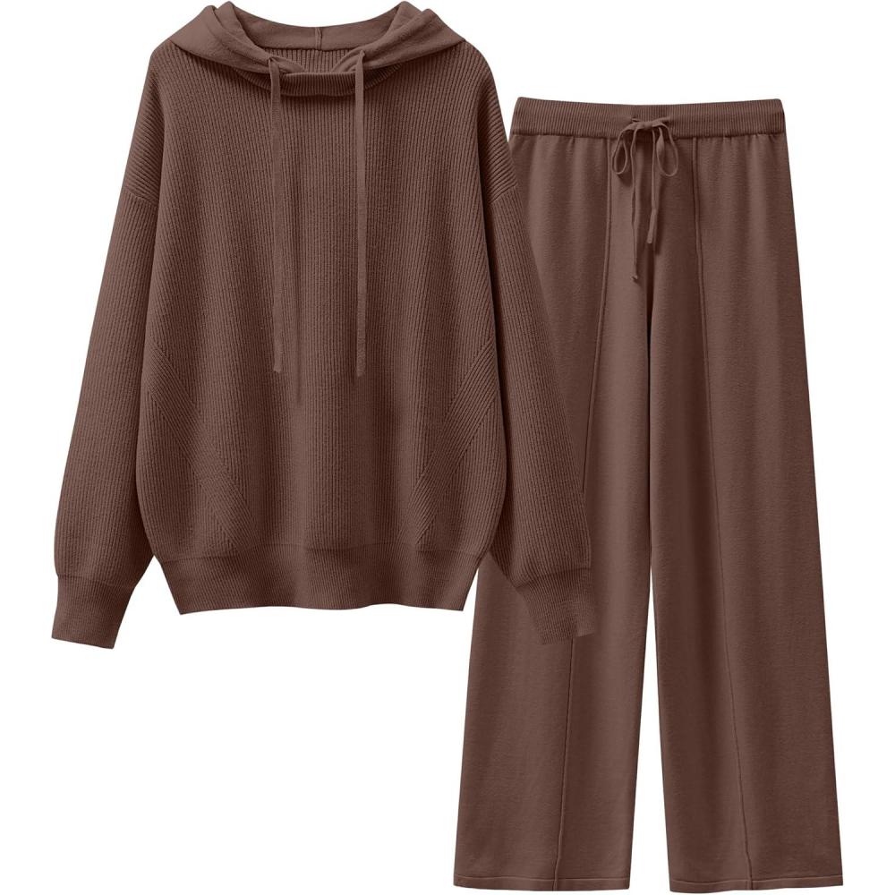 imageANRABESS Women 2 Piece Outfits Sweater Sets Loose Long Sleeve Hoodies Knit Pullover Wide Leg Pants 2025 Fall Lounge SweatsuitDeep Brown