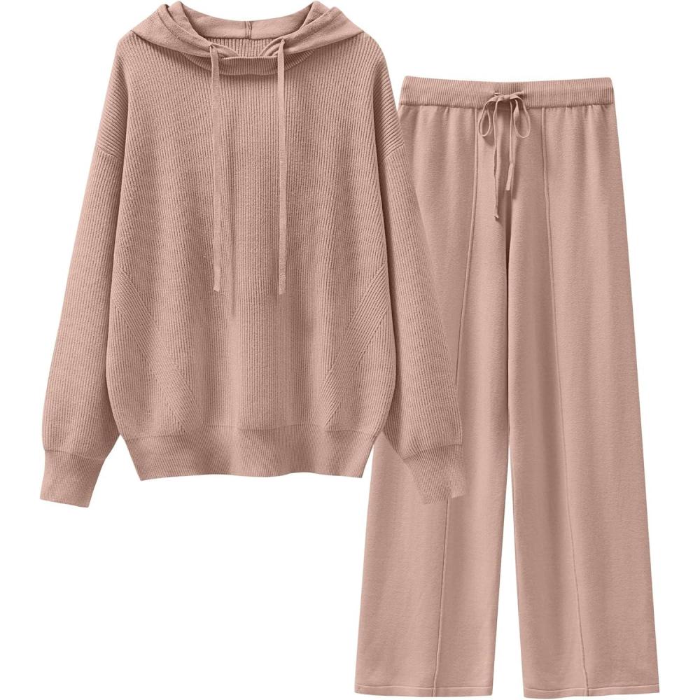 imageANRABESS Women 2 Piece Outfits Sweater Sets Loose Long Sleeve Hoodies Knit Pullover Wide Leg Pants 2025 Fall Lounge SweatsuitLight Camel