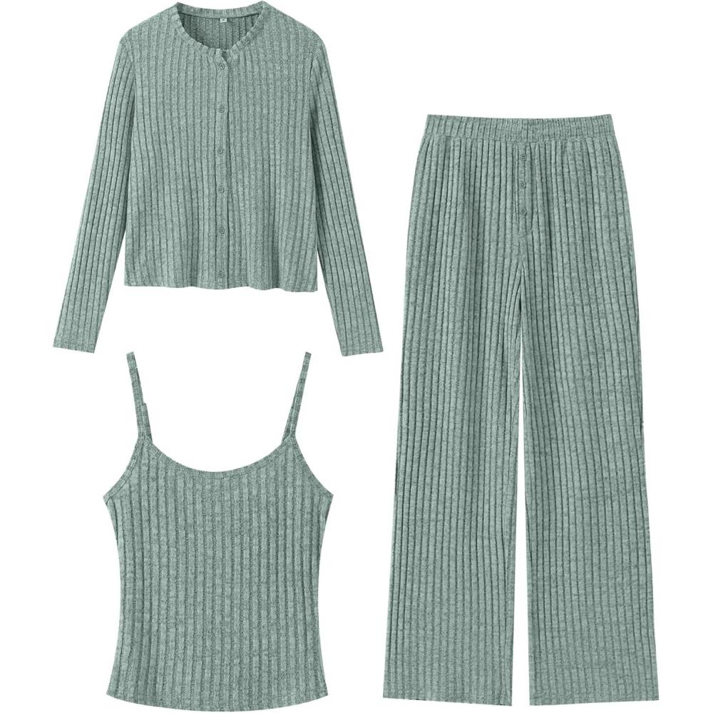 imageANRABESS Women 3 Piece Lounge Pajama Sets Knit Crop Cardigan Cami Top Wide Leg Pants 2025 Fall Outfits Comfy Matching ClothesGreen