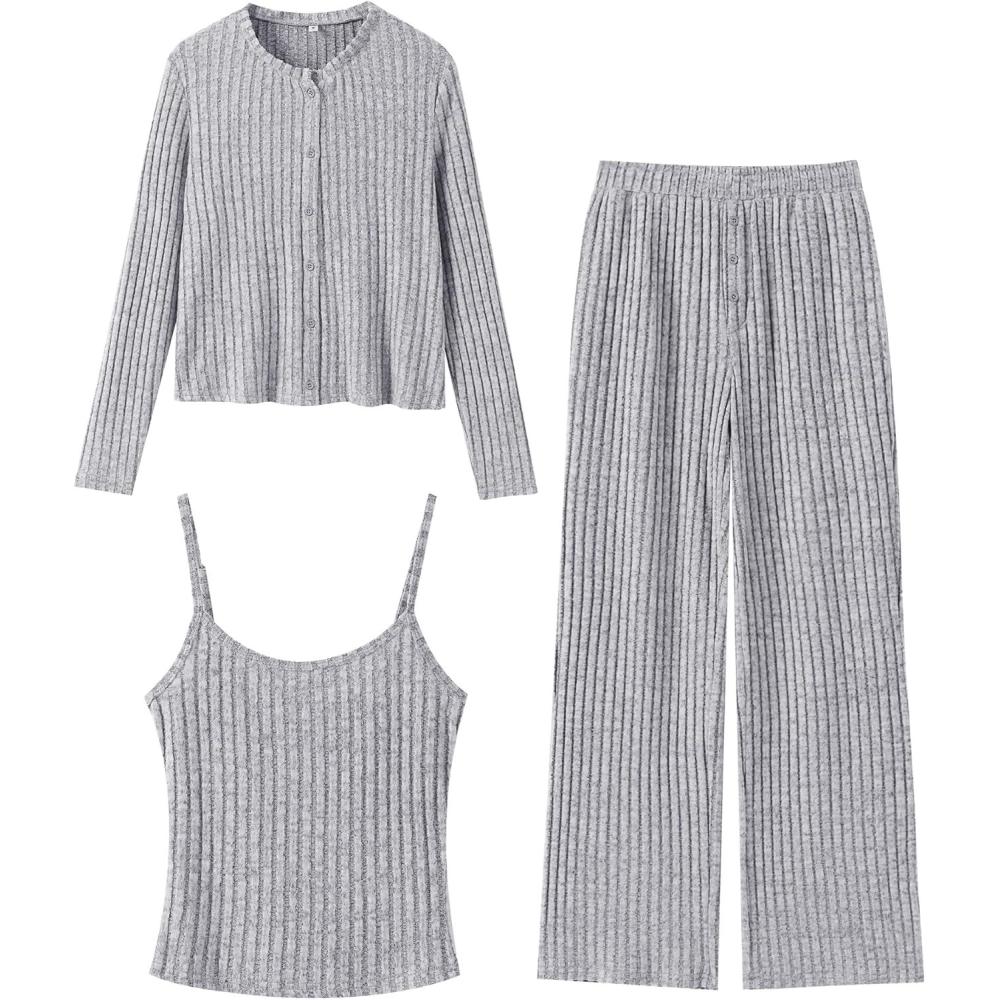 imageANRABESS Women 3 Piece Lounge Pajama Sets Knit Crop Cardigan Cami Top Wide Leg Pants 2025 Fall Outfits Comfy Matching ClothesGrey