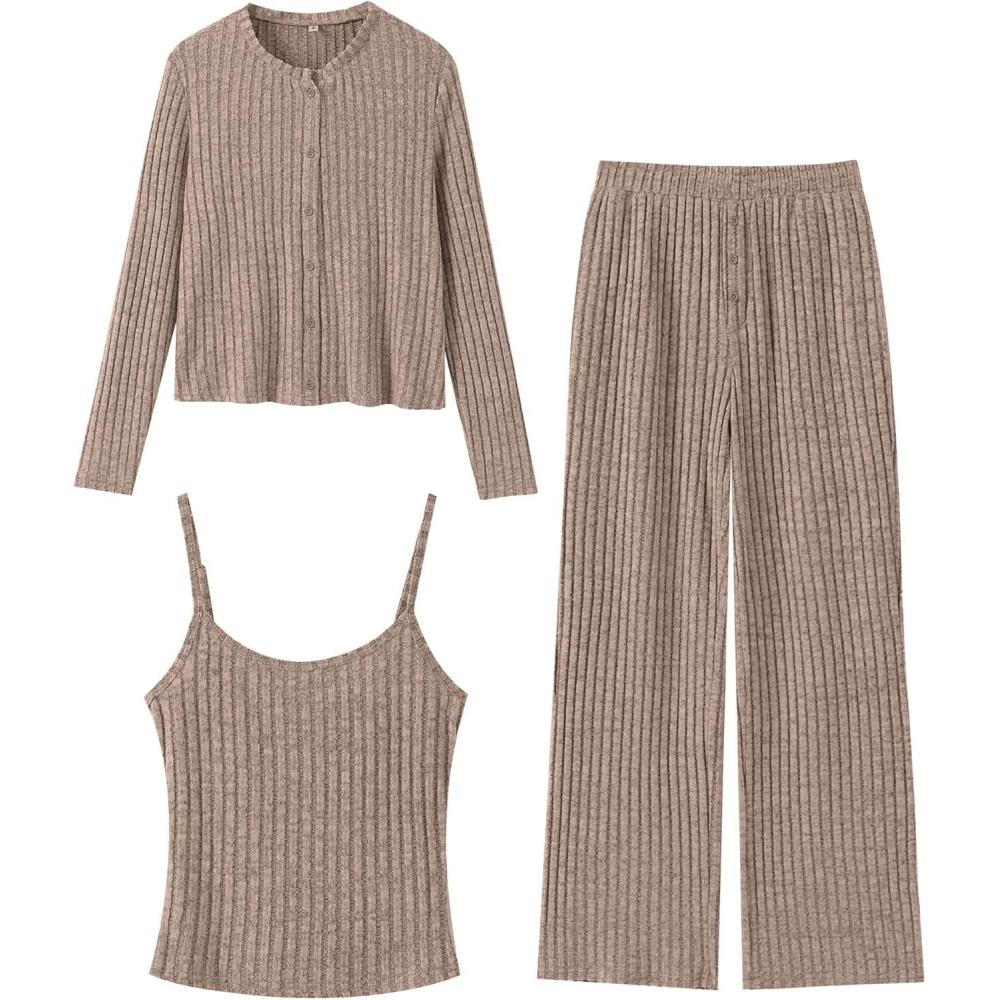 imageANRABESS Women 3 Piece Lounge Pajama Sets Knit Crop Cardigan Cami Top Wide Leg Pants 2025 Fall Outfits Comfy Matching ClothesTan