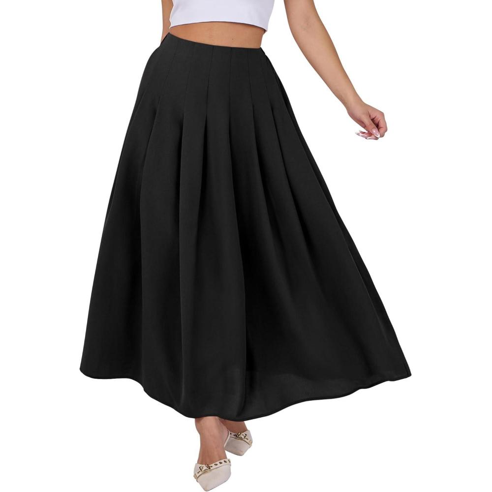imageANRABESS Women ALine Pleated High Waist Maxi Skirt Full Ankle Length Flowy Swing Elegant Dressy Casual Work Long SkirtsBlack