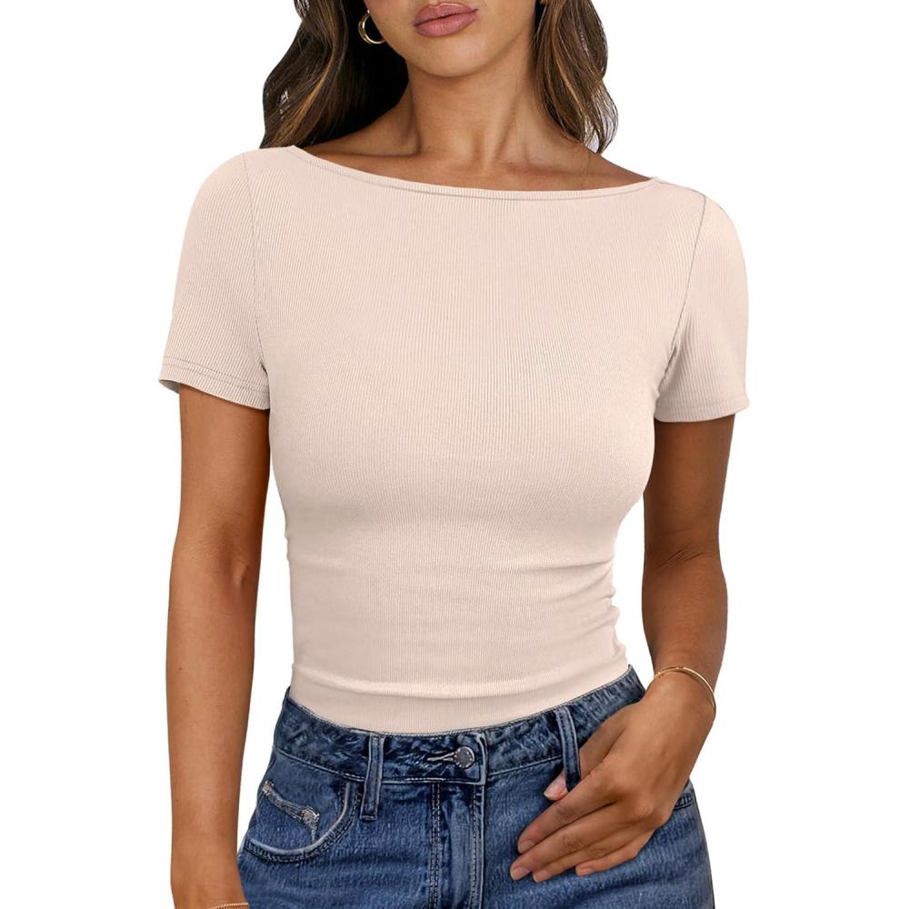imageANRABESS Women Boat Neck Tops Short Sleeve TShirts Ribbed Knit Tight Fitted Basic Tees Shirts 2025 Summer ClothesBeige