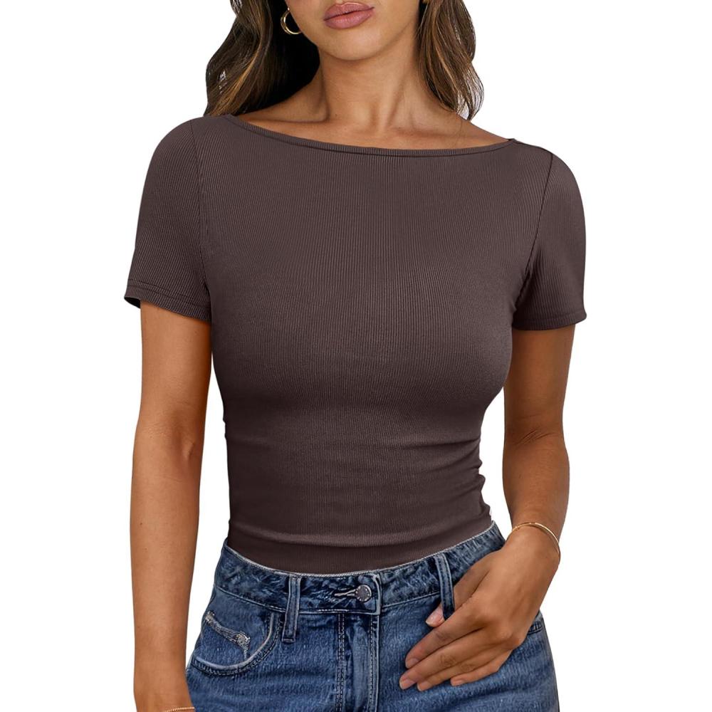 imageANRABESS Women Boat Neck Tops Short Sleeve TShirts Ribbed Knit Tight Fitted Basic Tees Shirts 2025 Summer ClothesBrown