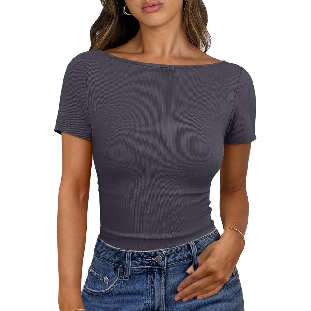 imageANRABESS Women Boat Neck Tops Short Sleeve TShirts Ribbed Knit Tight Fitted Basic Tees Shirts 2025 Summer ClothesDeep Grey
