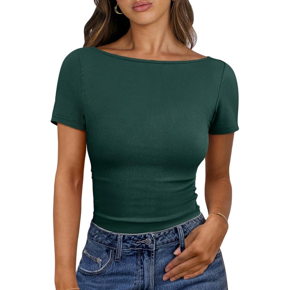 imageANRABESS Women Boat Neck Tops Short Sleeve TShirts Ribbed Knit Tight Fitted Basic Tees Shirts 2025 Summer ClothesForest