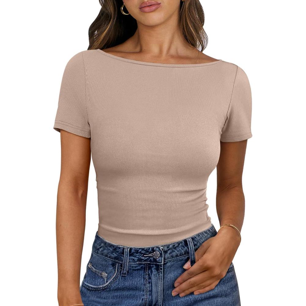 imageANRABESS Women Boat Neck Tops Short Sleeve TShirts Ribbed Knit Tight Fitted Basic Tees Shirts 2025 Summer ClothesKhaki