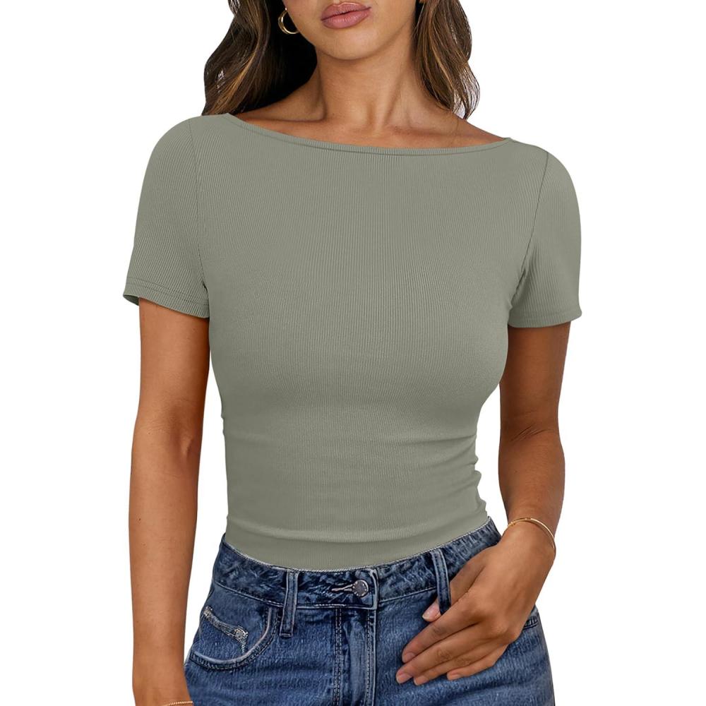 imageANRABESS Women Boat Neck Tops Short Sleeve TShirts Ribbed Knit Tight Fitted Basic Tees Shirts 2025 Summer ClothesSage Green