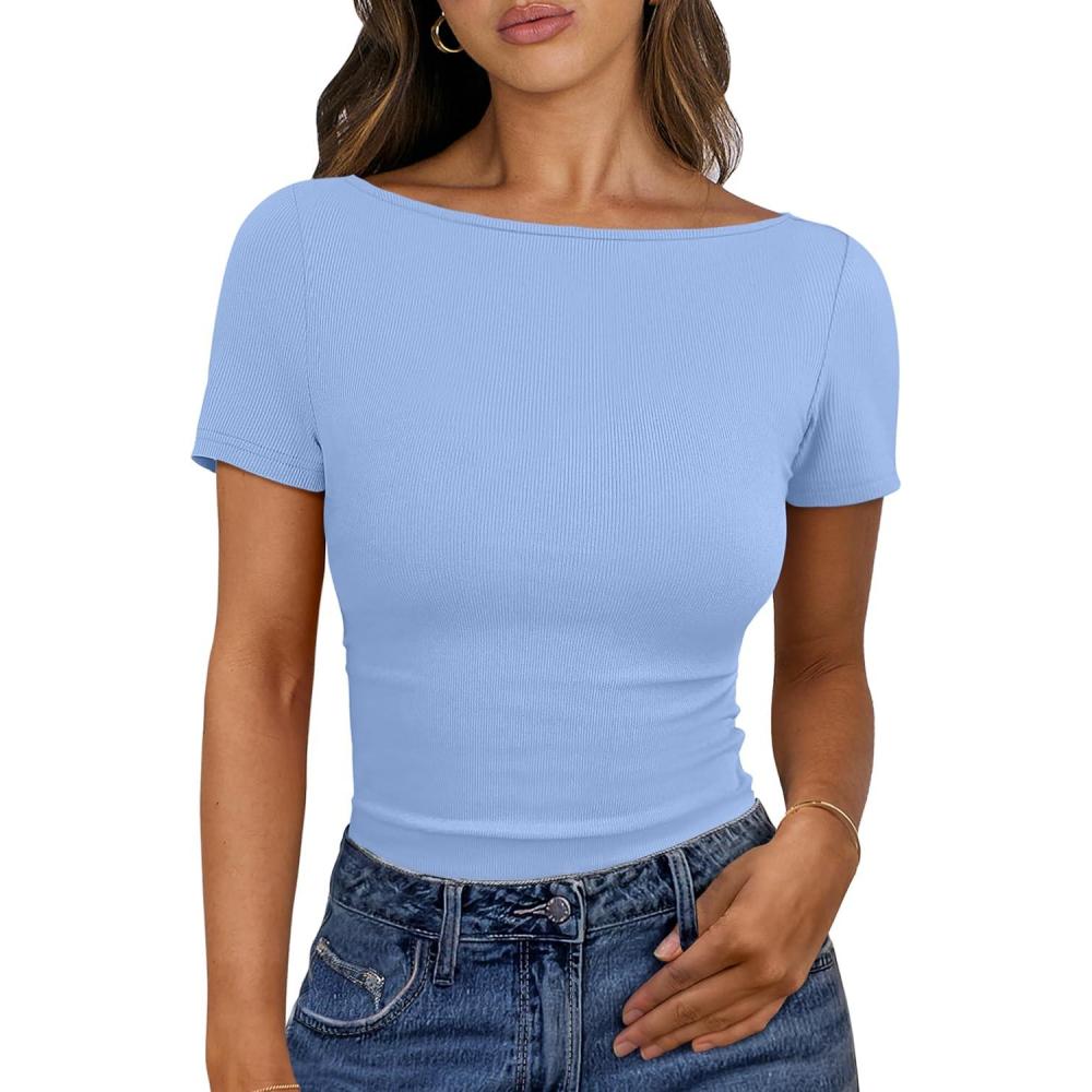 imageANRABESS Women Boat Neck Tops Short Sleeve TShirts Ribbed Knit Tight Fitted Basic Tees Shirts 2025 Summer ClothesSky Blue