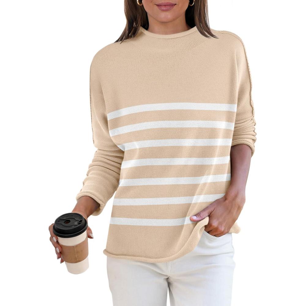 imageANRABESS Women Casual Long Sleeve Mock Funnel Neck Knit Pullover Sweater Top 2025 Fall Fashion Outfits with Exposed SeamAlmond White Stripes
