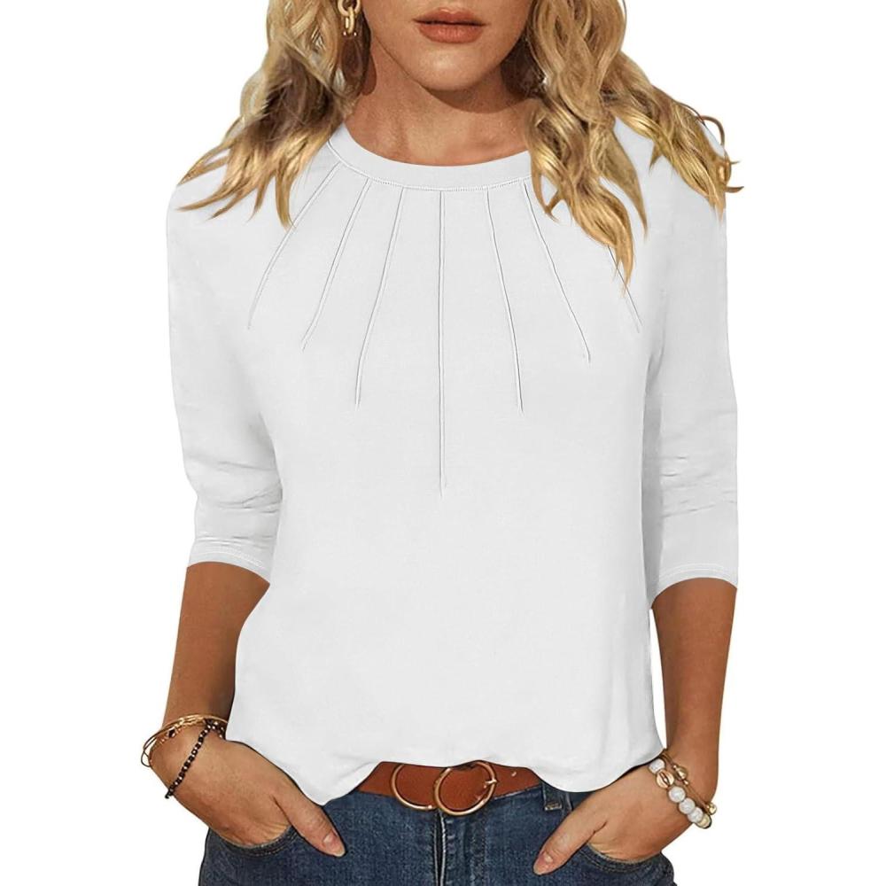 imageANRABESS Women Dressy Casual Blouse 34 Long Sleeve T Shirts Pleated Round Neck Business Work Tunic Tops 2025 Fall OutfitsWhite