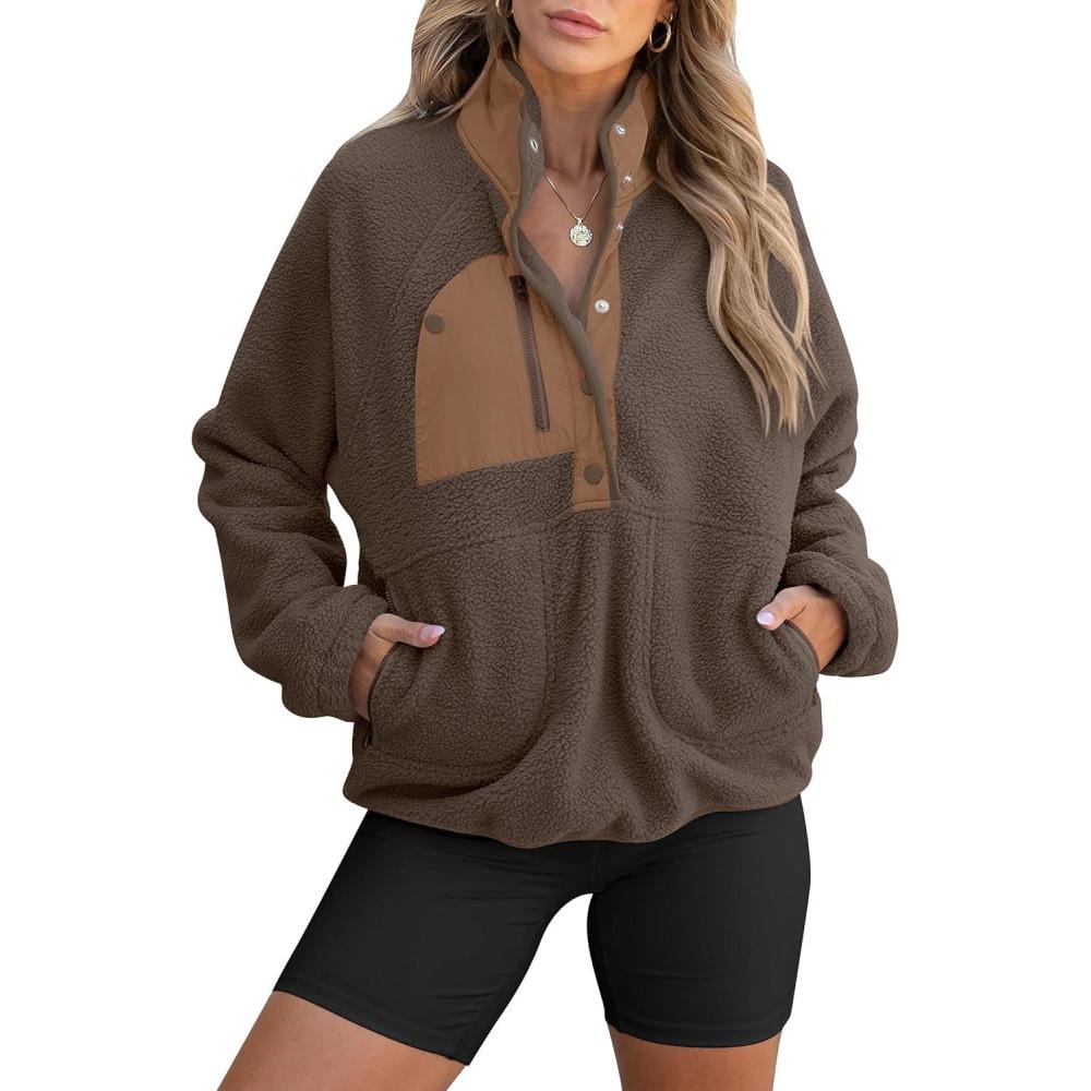 imageANRABESS Women Fuzzy Fleece Pullover Sherpa Sweatshirt Long Sleeve Button Down Warm Soft Color Block Jackets with PocketsBrown