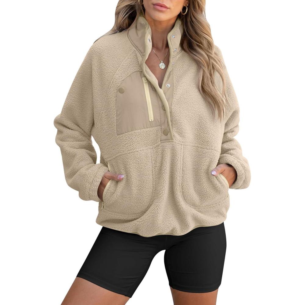 imageANRABESS Women Fuzzy Fleece Pullover Sherpa Sweatshirt Long Sleeve Button Down Warm Soft Color Block Jackets with PocketsLight Khaki