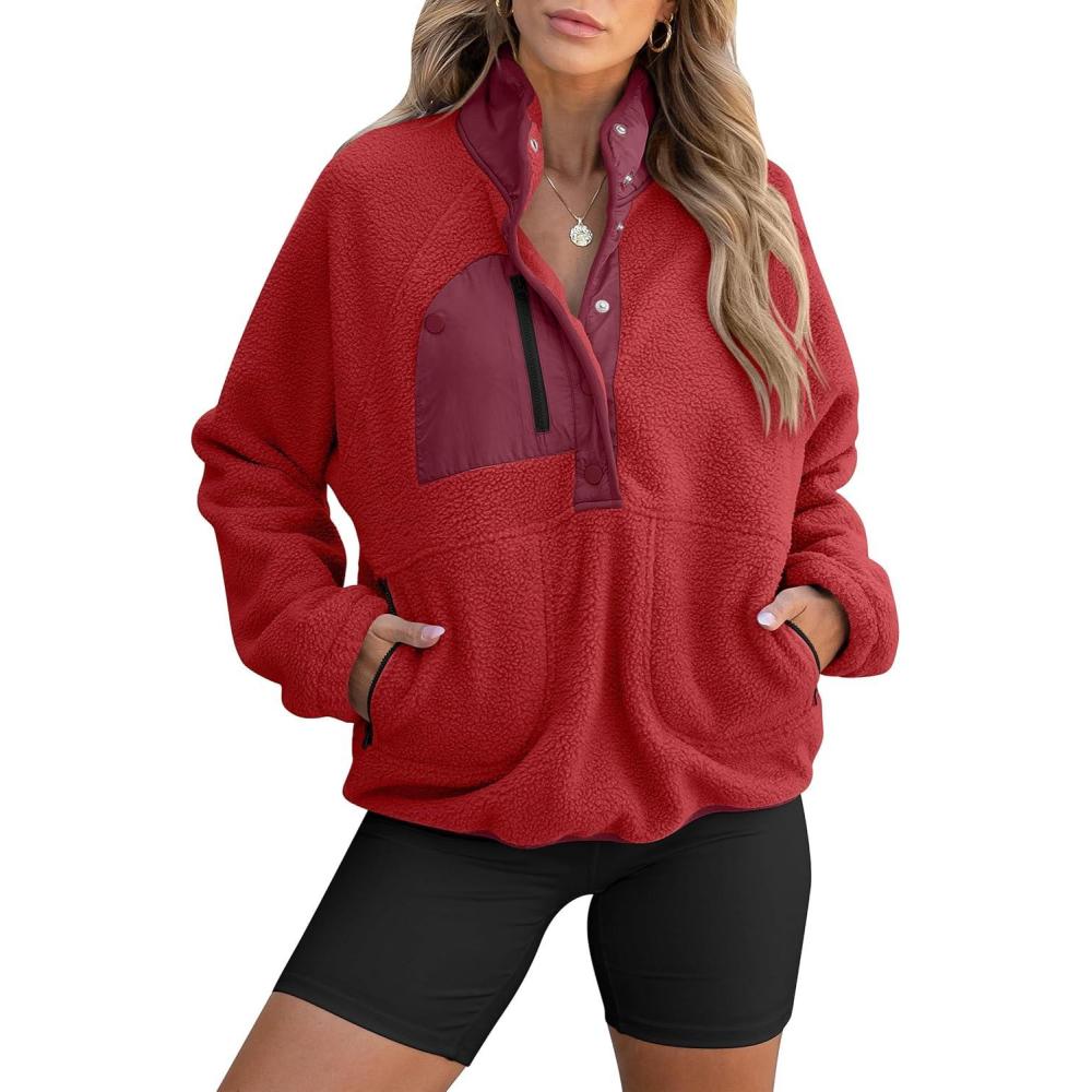 imageANRABESS Women Fuzzy Fleece Pullover Sherpa Sweatshirt Long Sleeve Button Down Warm Soft Color Block Jackets with PocketsRed