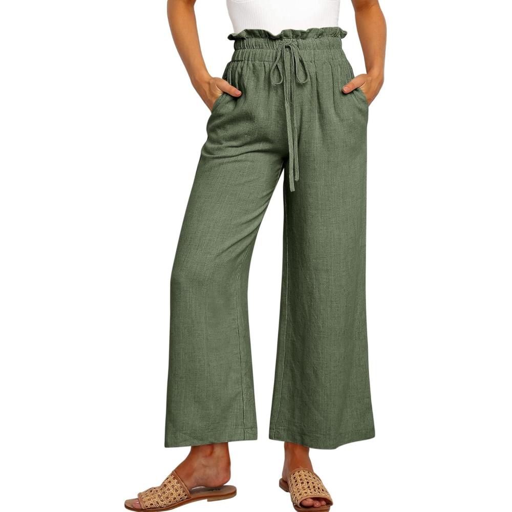 imageANRABESS Women Linen Pants Casual Loose High Waist Boho Wide Leg Cropped Palazzo Beach Pants Summer Outfits 2025 TrendyArmy Green