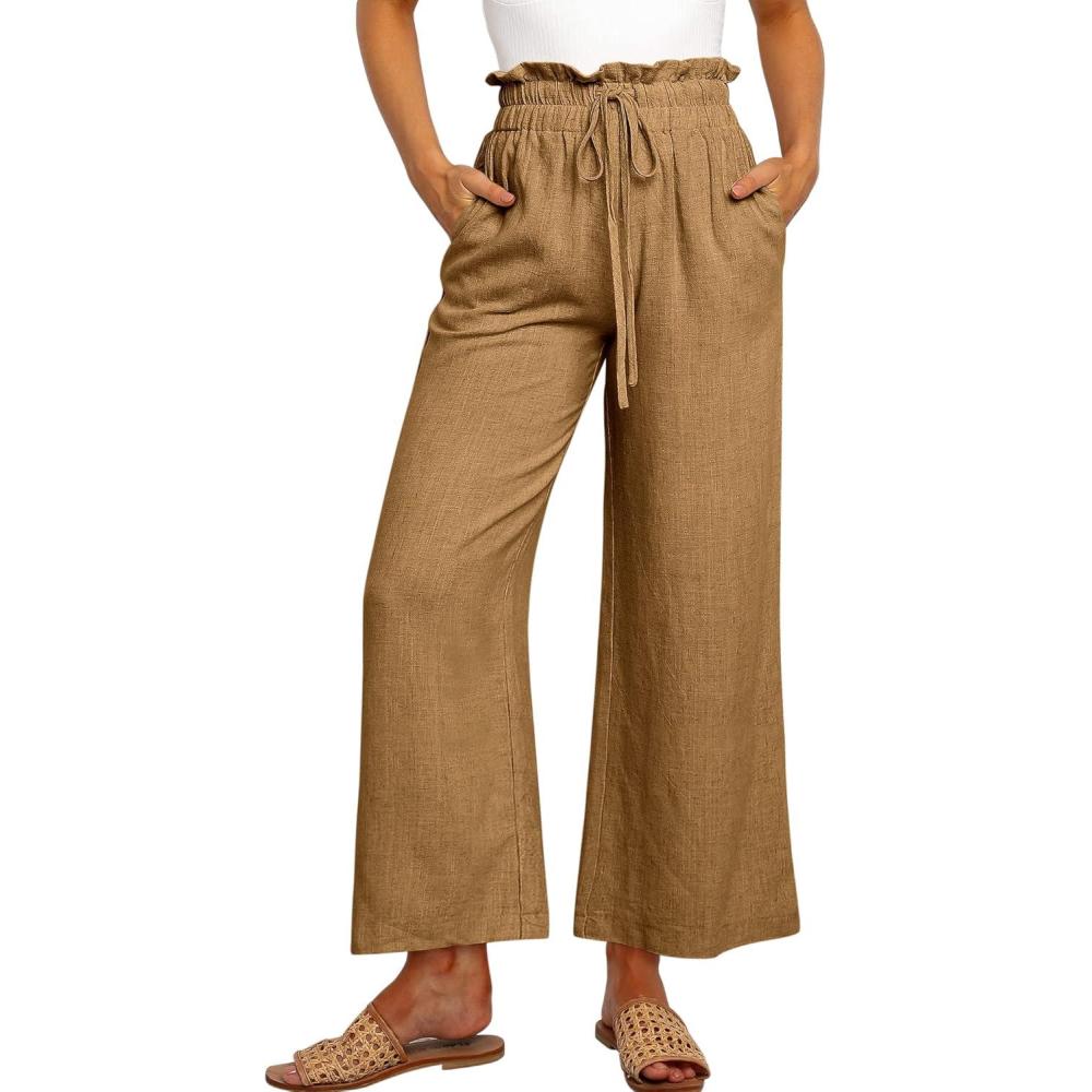 imageANRABESS Women Linen Pants Casual Loose High Waist Boho Wide Leg Cropped Palazzo Beach Pants Summer Outfits 2025 TrendyDark Khaki