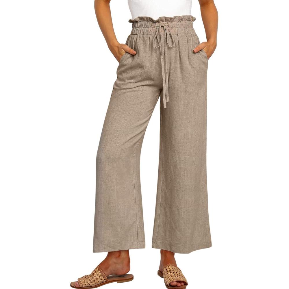 imageANRABESS Women Linen Pants Casual Loose High Waist Boho Wide Leg Cropped Palazzo Beach Pants Summer Outfits 2025 TrendyKhaki