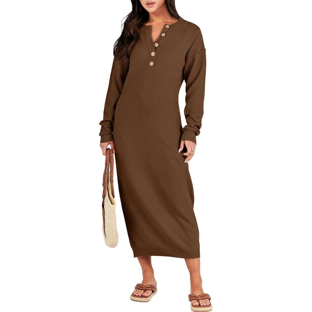 imageANRABESS Women Long Sleeve Button V Neck Oversized Casual Loose Fit Waffle Knit Fall Midi Sweater Dress 2025 Trendy OutfitsBrown