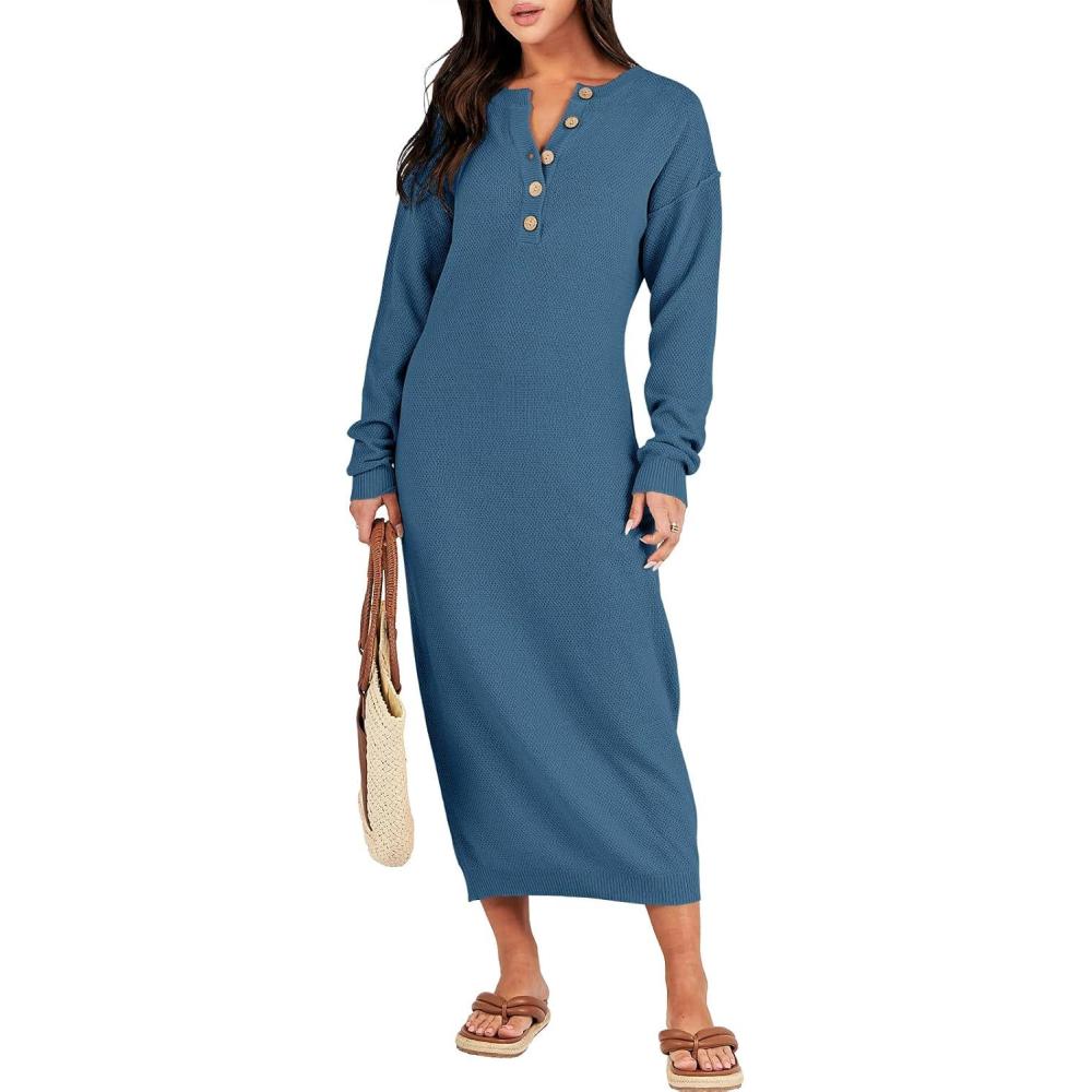 imageANRABESS Women Long Sleeve Button V Neck Oversized Casual Loose Fit Waffle Knit Fall Midi Sweater Dress 2025 Trendy OutfitsDusty Blue