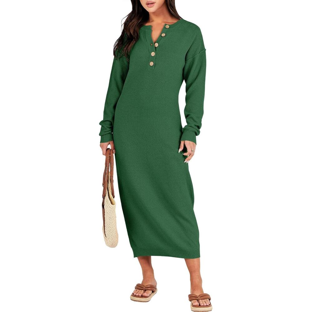 imageANRABESS Women Long Sleeve Button V Neck Oversized Casual Loose Fit Waffle Knit Fall Midi Sweater Dress 2025 Trendy OutfitsGreen