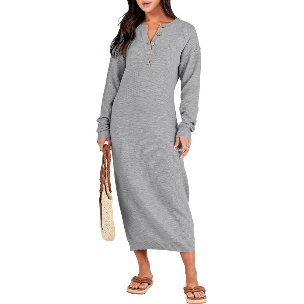 imageANRABESS Women Long Sleeve Button V Neck Oversized Casual Loose Fit Waffle Knit Fall Midi Sweater Dress 2025 Trendy OutfitsGrey