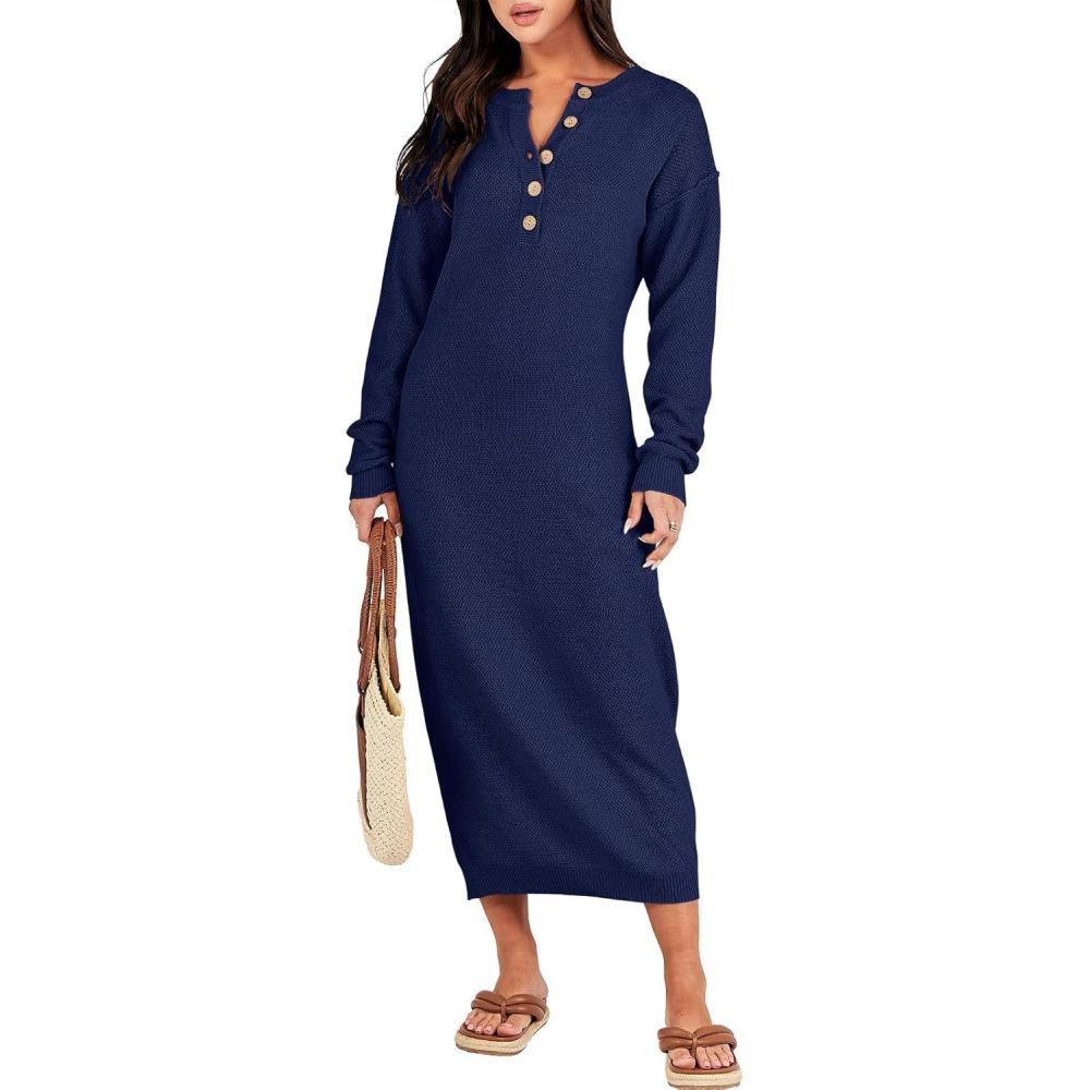 imageANRABESS Women Long Sleeve Button V Neck Oversized Casual Loose Fit Waffle Knit Fall Midi Sweater Dress 2025 Trendy OutfitsNavy Blue
