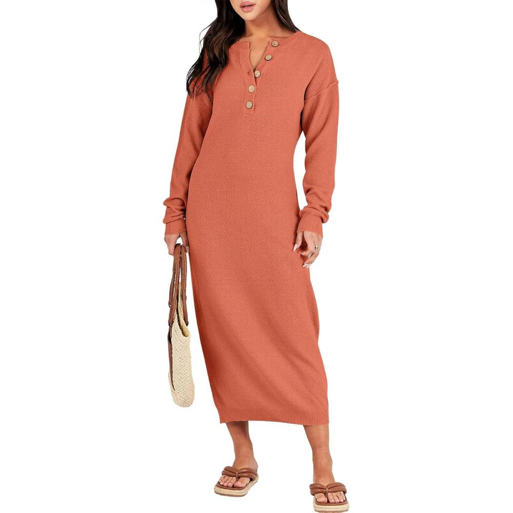 imageANRABESS Women Long Sleeve Button V Neck Oversized Casual Loose Fit Waffle Knit Fall Midi Sweater Dress 2025 Trendy OutfitsOrange