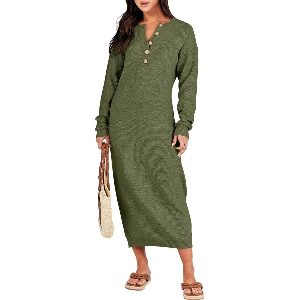 imageANRABESS Women Long Sleeve Button V Neck Oversized Casual Loose Fit Waffle Knit Fall Midi Sweater Dress 2025 Trendy OutfitsPea Green