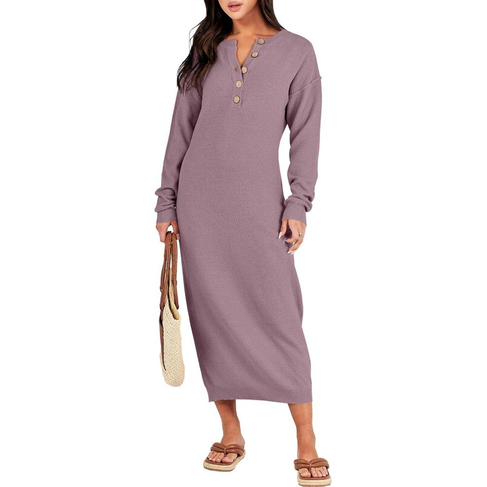 imageANRABESS Women Long Sleeve Button V Neck Oversized Casual Loose Fit Waffle Knit Fall Midi Sweater Dress 2025 Trendy OutfitsRed Apricot